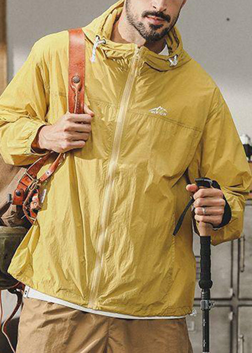 Plus Size Yellow Hooded Pockets Thin Ice Silk Mens UPF 50+ Coat Summer