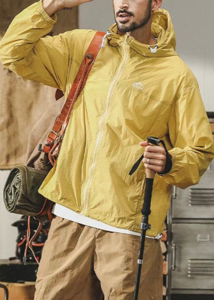 Plus Size Yellow Hooded Pockets Thin Ice Silk Mens UPF 50+ Coat Summer