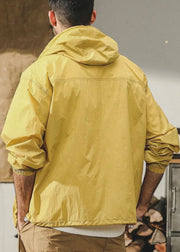 Plus Size Yellow Hooded Pockets Thin Ice Silk Mens UPF 50+ Coat Summer
