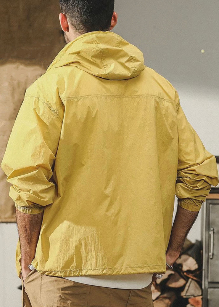 Plus Size Yellow Hooded Pockets Thin Ice Silk Mens UPF 50+ Coat Summer