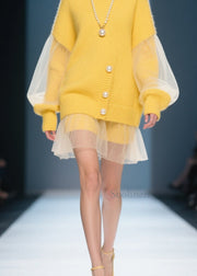 Plus Size Yellow O Neck Tulle Patchwork Knit Dress Fall