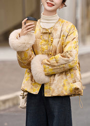 Plus Size Yellow Oriental Button Fur Patchwork Duck Down Jacket Winter
