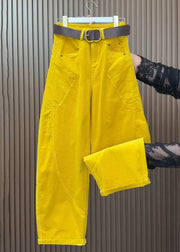 Plus Size Yellow Pockets High Waist Corduroy Wide Leg Pants Fall