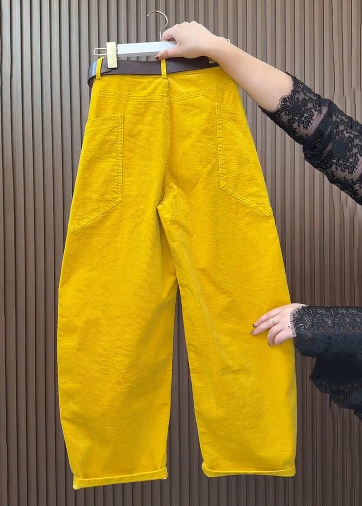 Plus Size Yellow Pockets High Waist Corduroy Wide Leg Pants Fall