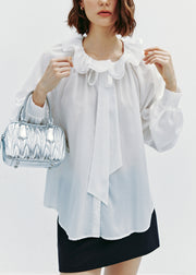 Plus Size Yellow Ruffled Lace Up Cotton Blouse Tops Fall