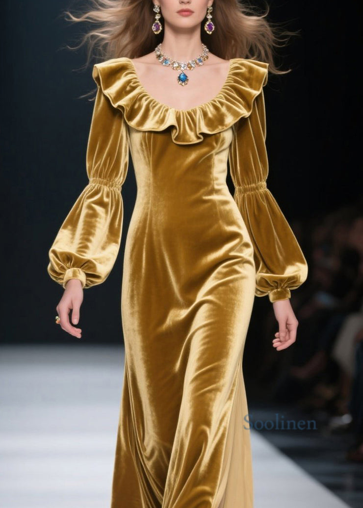 Plus Size Yellow Ruffled Patchwork Velvet Long Dress Fall