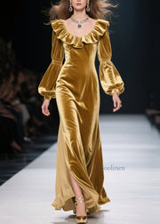 Plus Size Yellow Ruffled Patchwork Velvet Long Dress Fall