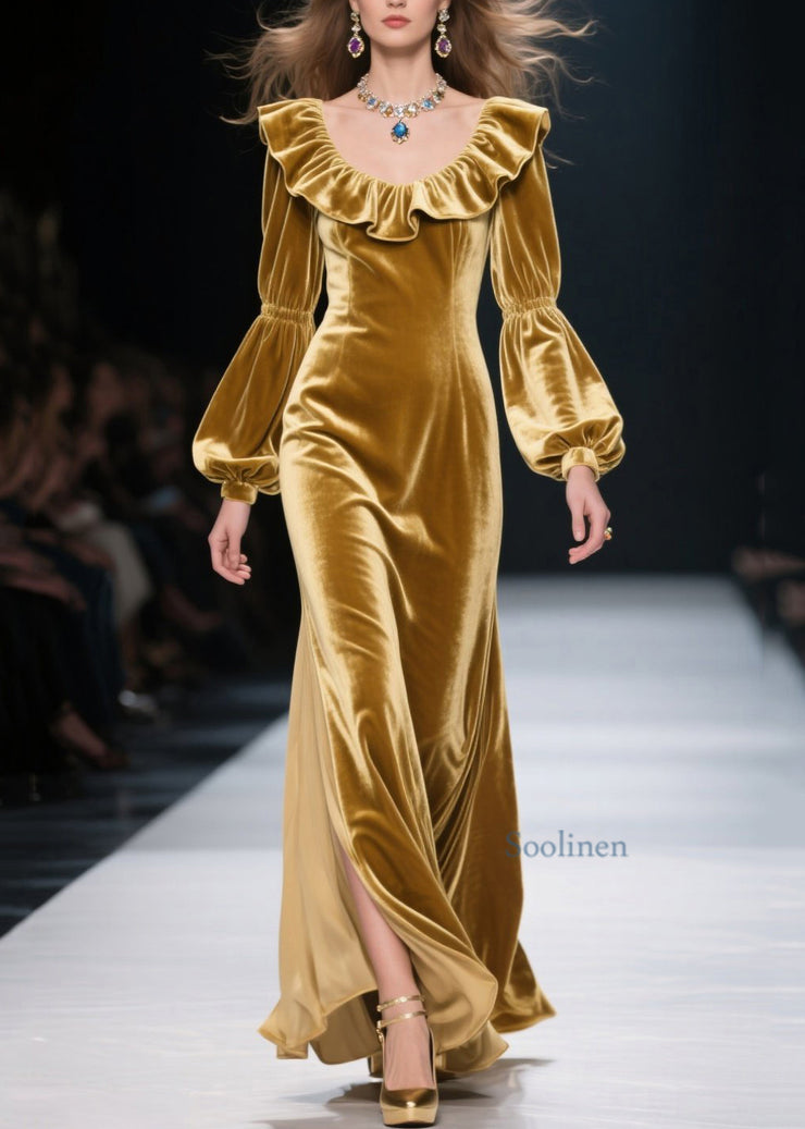 Plus Size Yellow Ruffled Patchwork Velvet Long Dress Fall