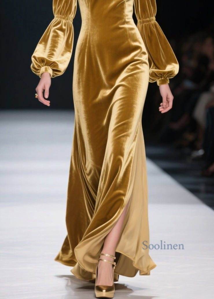 Plus Size Yellow Ruffled Patchwork Velvet Long Dress Fall