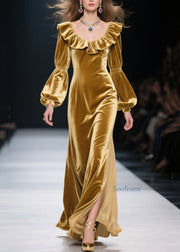 Plus Size Yellow Ruffled Patchwork Velvet Long Dress Fall