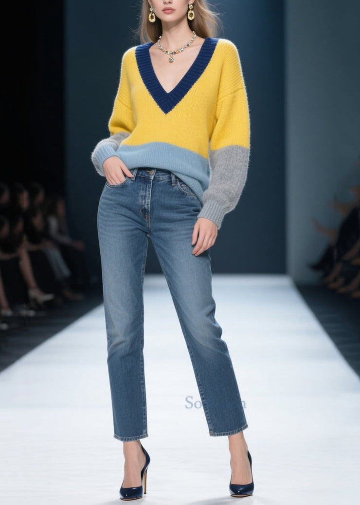 Plus Size Yellow V Neck Patchwork Knit Pullover Winter