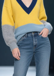 Plus Size Yellow V Neck Patchwork Knit Pullover Winter