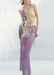 Purple Backless Tank And Skirts Tulle Two-Piece Set V Neck Summer