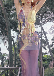 Purple Backless Tank And Skirts Tulle Two-Piece Set V Neck Summer