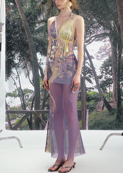 Purple Backless Tank And Skirts Tulle Two-Piece Set V Neck Summer
