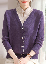 Purple Button False Two-Piece Cotton Knit Sweaters Long Sleeve