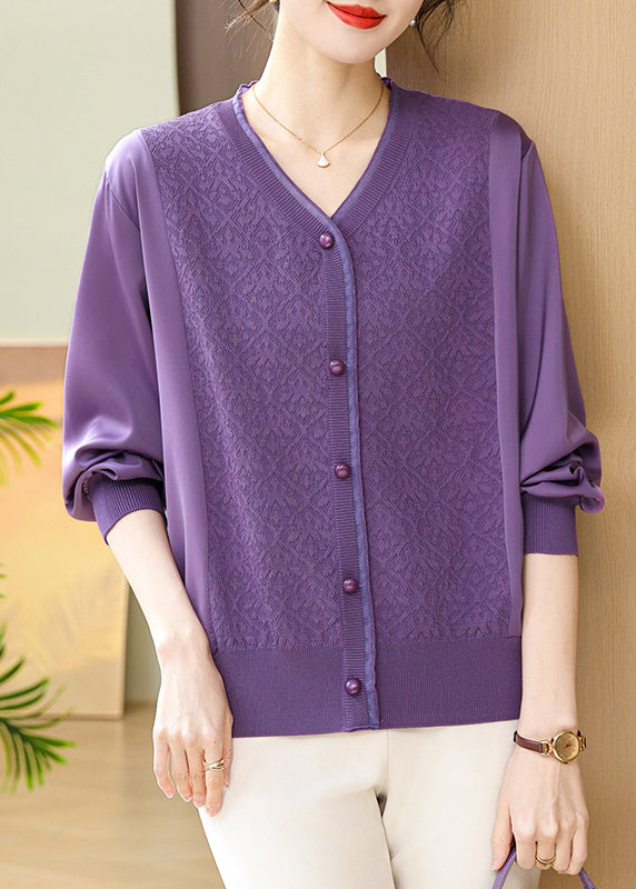 Purple Button Ice Silk Top V Neck Fall