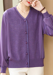 Purple Button Ice Silk Top V Neck Fall