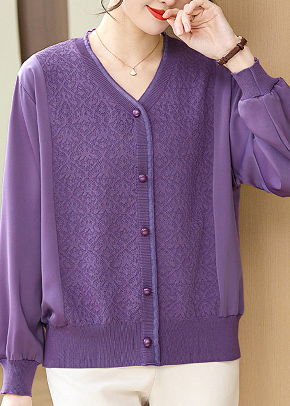 Purple Button Ice Silk Top V Neck Fall