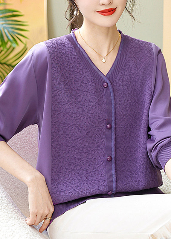 Purple Button Ice Silk Top V Neck Fall