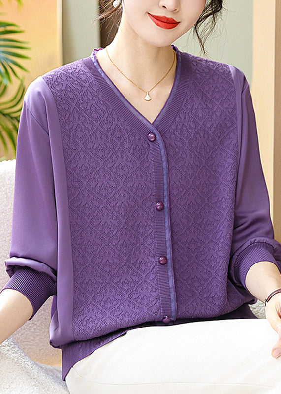 Purple Button Ice Silk Top V Neck Fall