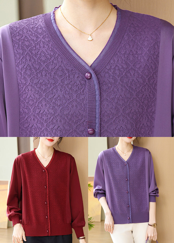 Purple Button Ice Silk Top V Neck Fall