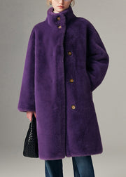 Purple Button Pockets Leather And Fur Coats Stand Collar