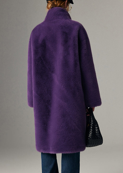 Purple Button Pockets Leather And Fur Coats Stand Collar