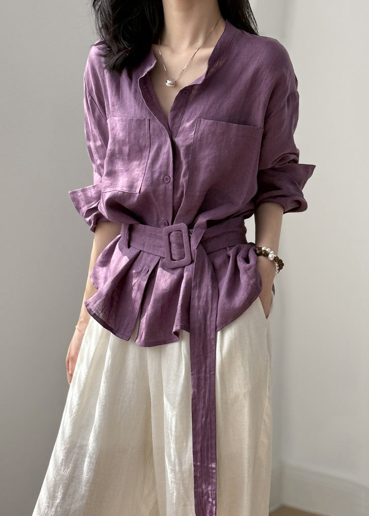Purple Button Pockets Linen Shirt Top O Neck