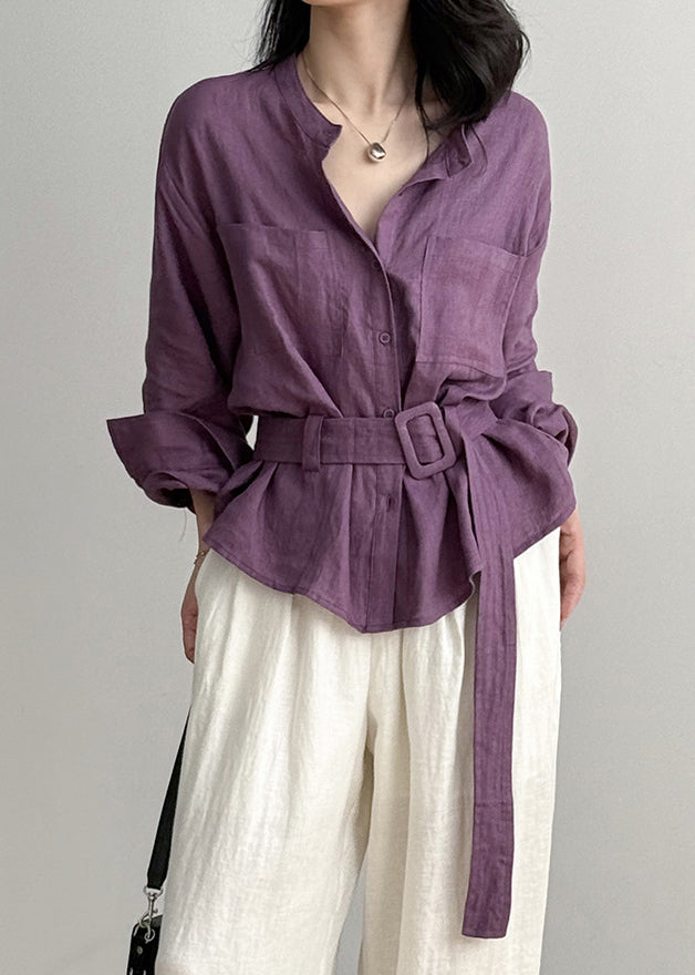 Purple Button Pockets Linen Shirt Top O Neck