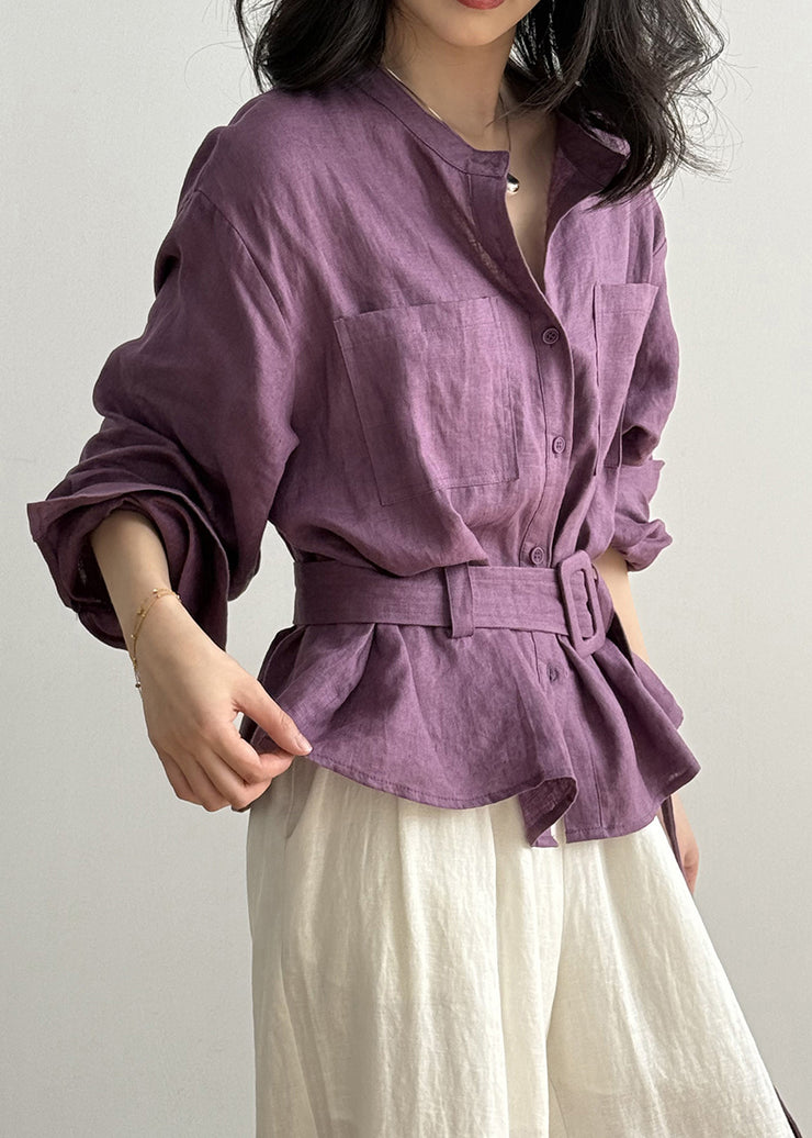 Purple Button Pockets Linen Shirt Top O Neck