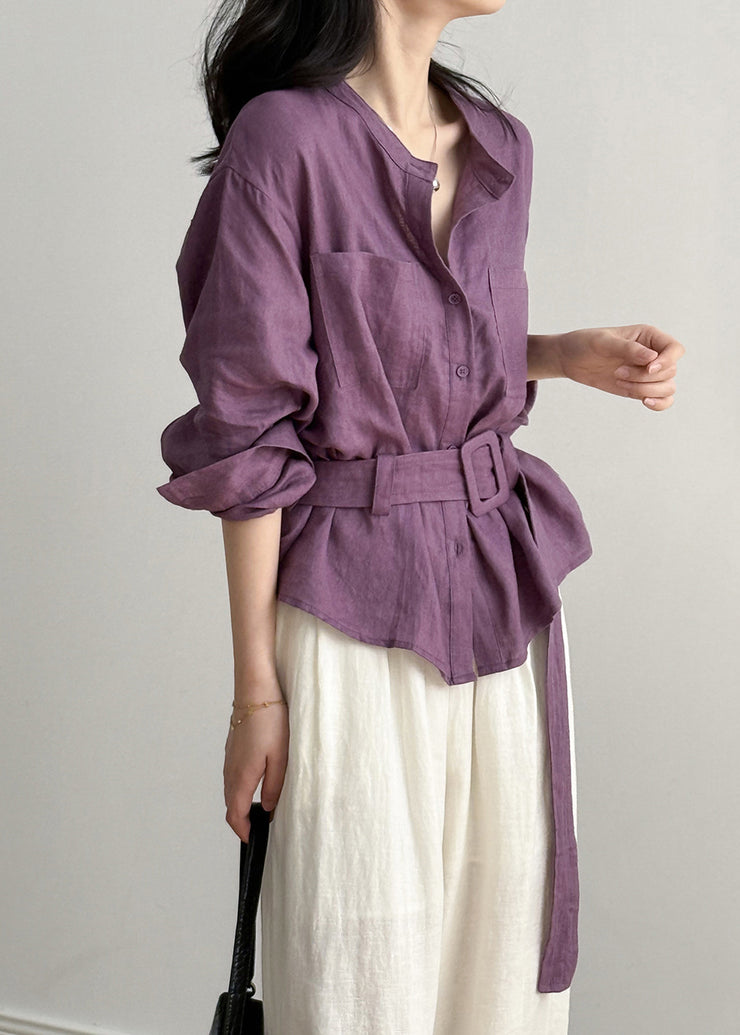 Purple Button Pockets Linen Shirt Top O Neck
