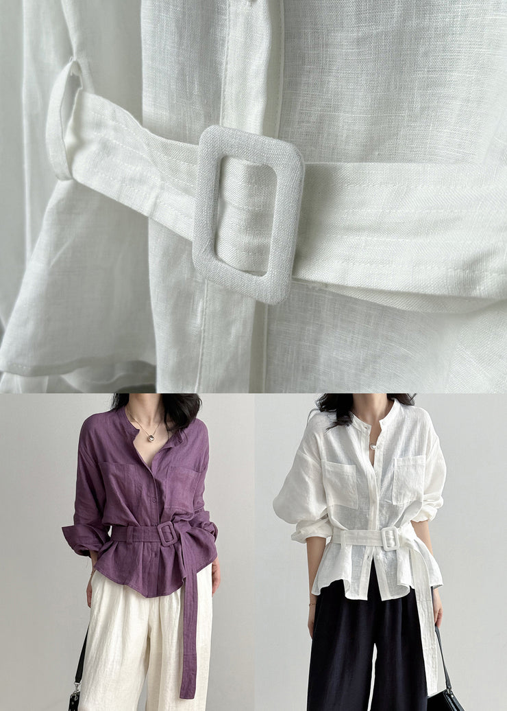 Purple Button Pockets Linen Shirt Top O Neck