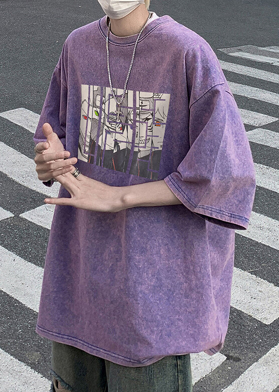 Purple Cartoon Print Cotton Mens T Shirts O Neck Half Sleeve