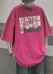 Purple Cartoon Print Cotton Mens T Shirts O Neck Half Sleeve
