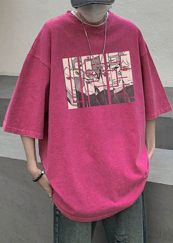Purple Cartoon Print Cotton Mens T Shirts O Neck Half Sleeve