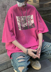 Purple Cartoon Print Cotton Mens T Shirts O Neck Half Sleeve