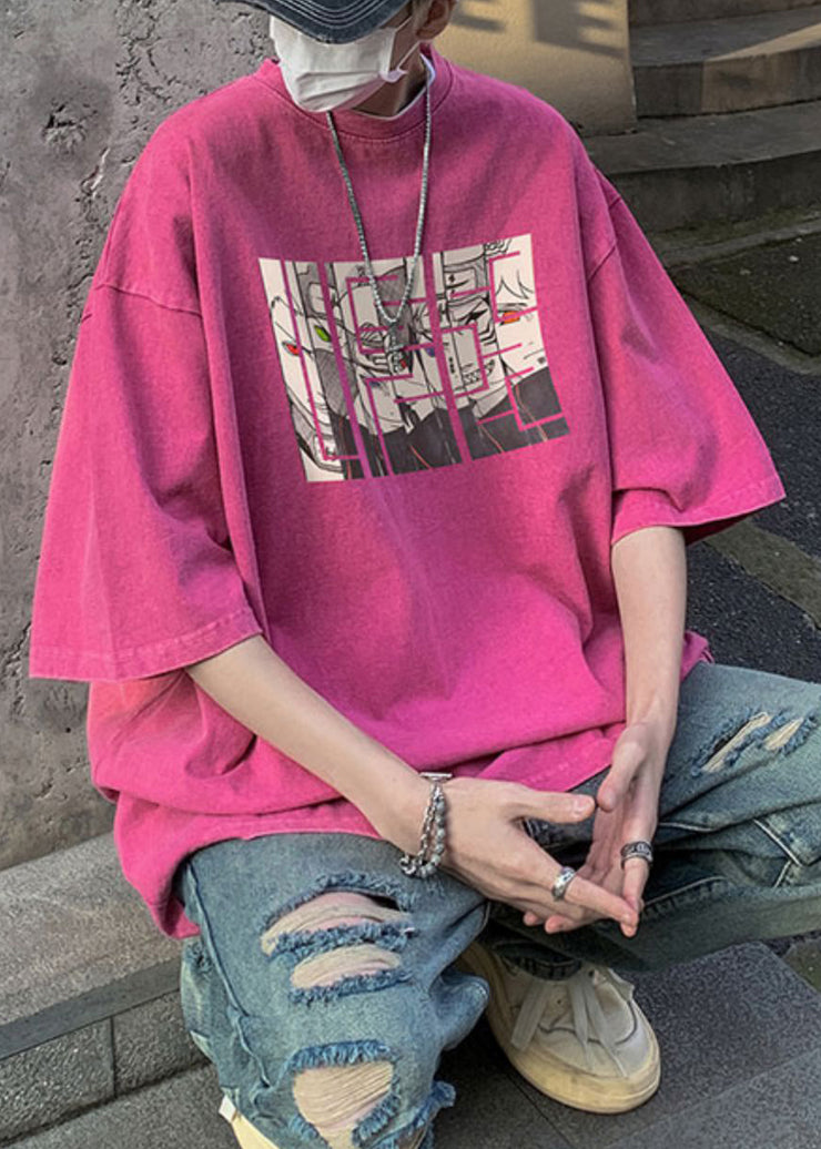 Purple Cartoon Print Cotton Mens T Shirts O Neck Half Sleeve
