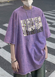 Purple Cartoon Print Cotton Mens T Shirts O Neck Half Sleeve