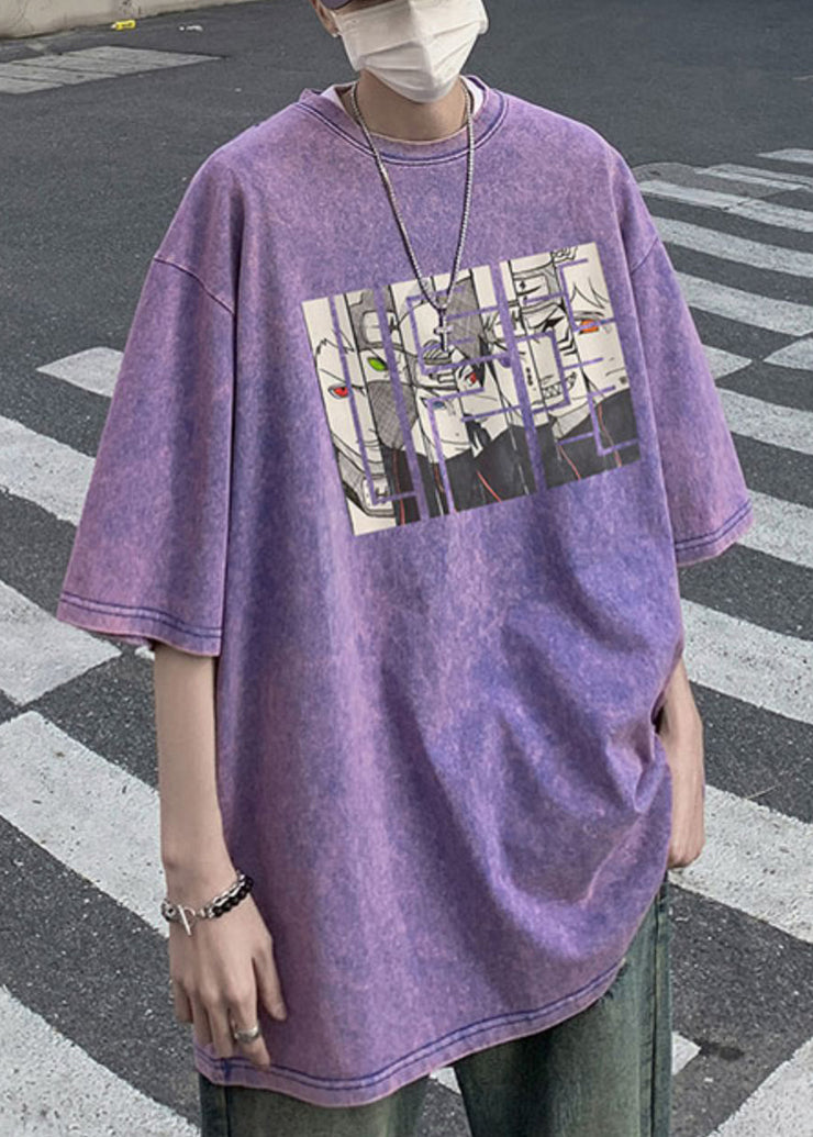 Purple Cartoon Print Cotton Mens T Shirts O Neck Half Sleeve