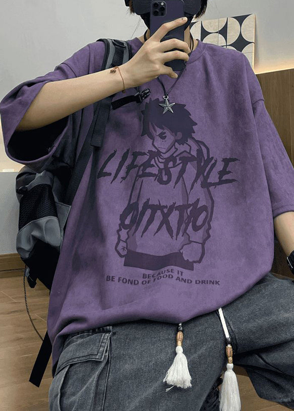 Purple Cartoon Print Faux Suede Men&