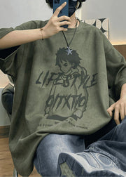 Purple Cartoon Print Faux Suede Men's T Shirts O Neck Half Sleeve
