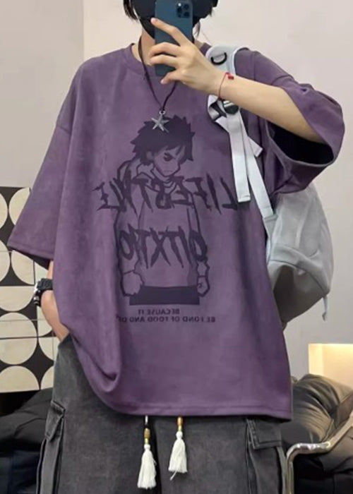 Purple Cartoon Print Faux Suede Men&