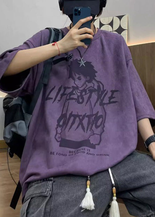 Purple Cartoon Print Faux Suede Men&