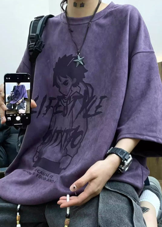 Purple Cartoon Print Faux Suede Men&