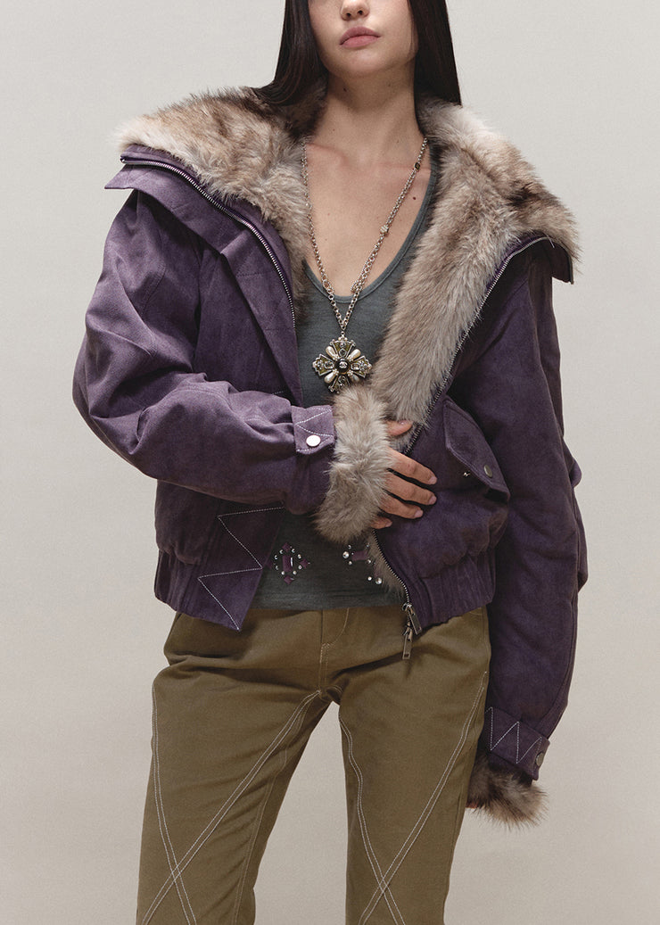 Purple Fur Collar Patchwork Zippered Thick Parkas Winter