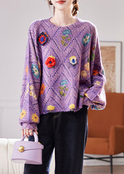 Purple Hollow Out Floral Knit Sweaters O Neck Winter