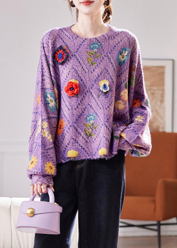 Purple Hollow Out Floral Knit Sweaters O Neck Winter