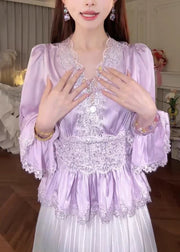 Purple Lace Solid Patchwork Silk Blouse Tops V Neck Fall