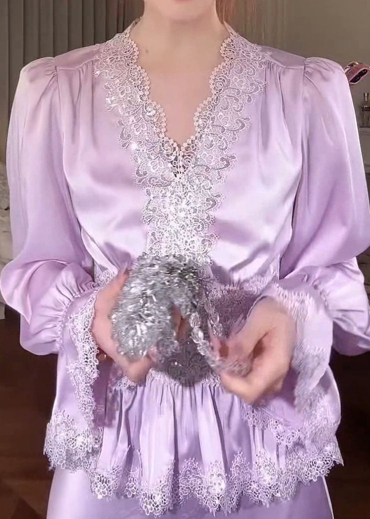 Purple Lace Solid Patchwork Silk Blouse Tops V Neck Fall